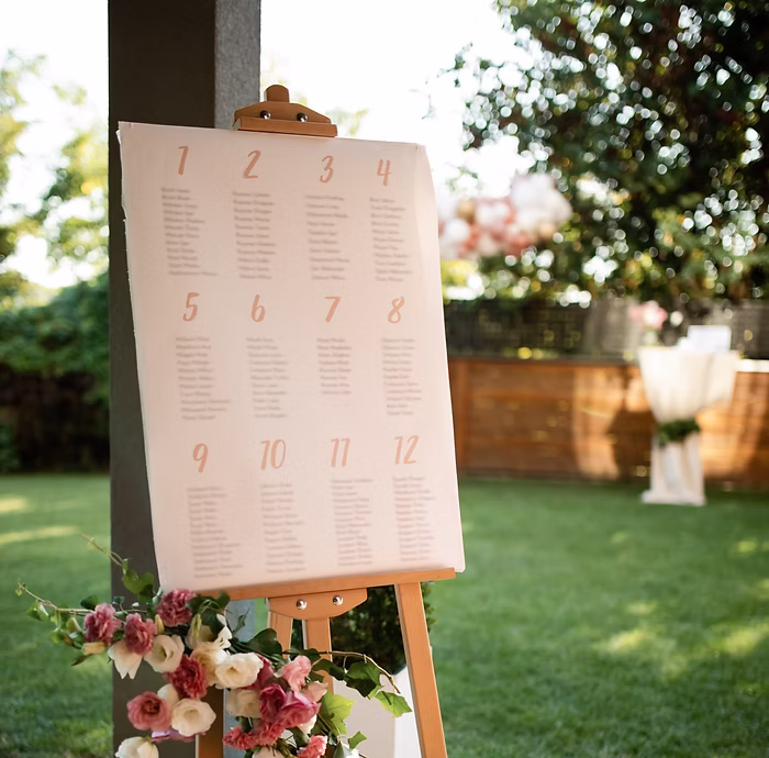 Wedding seating chart displayed on an easel outdoors
